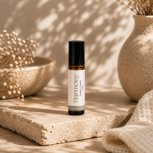 A small amber glass roller bottle with a black cap and a white label reading 'Harmony' stands on a textured stone slab in a warm, sunlit setting with dried flowers and ceramic vases in the background.