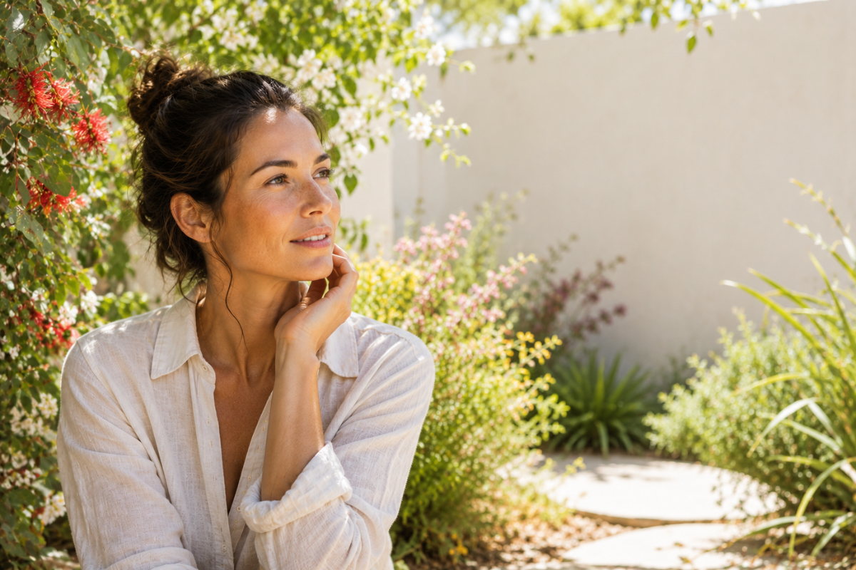 Woman sitting outside in her garden