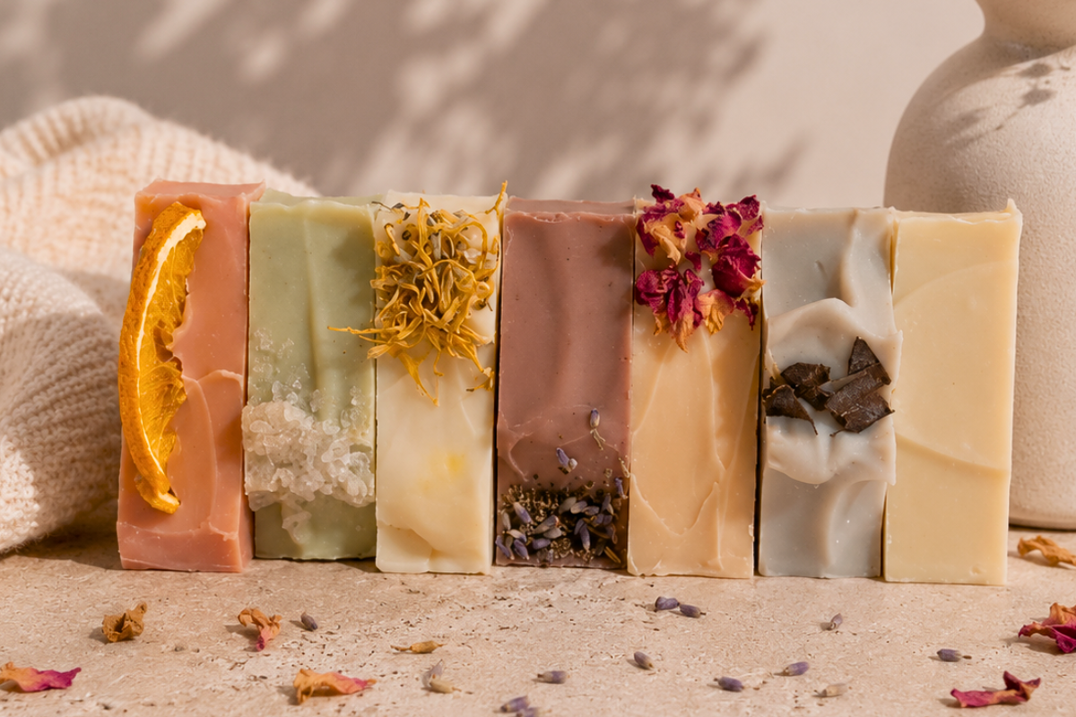 A row of 7 soaps sitting on a stone bench next to a towel and vase