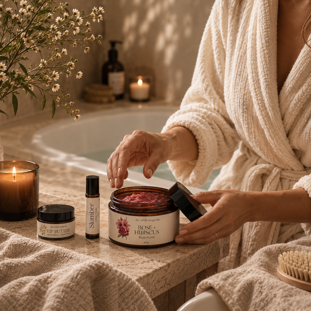 The Wilde Magnolia products sitting on a bathroom bench with a bathroom in the background