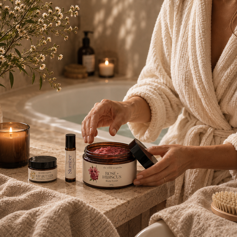 The Wilde Magnolia products sitting on a bathroom bench with a bathroom in the background