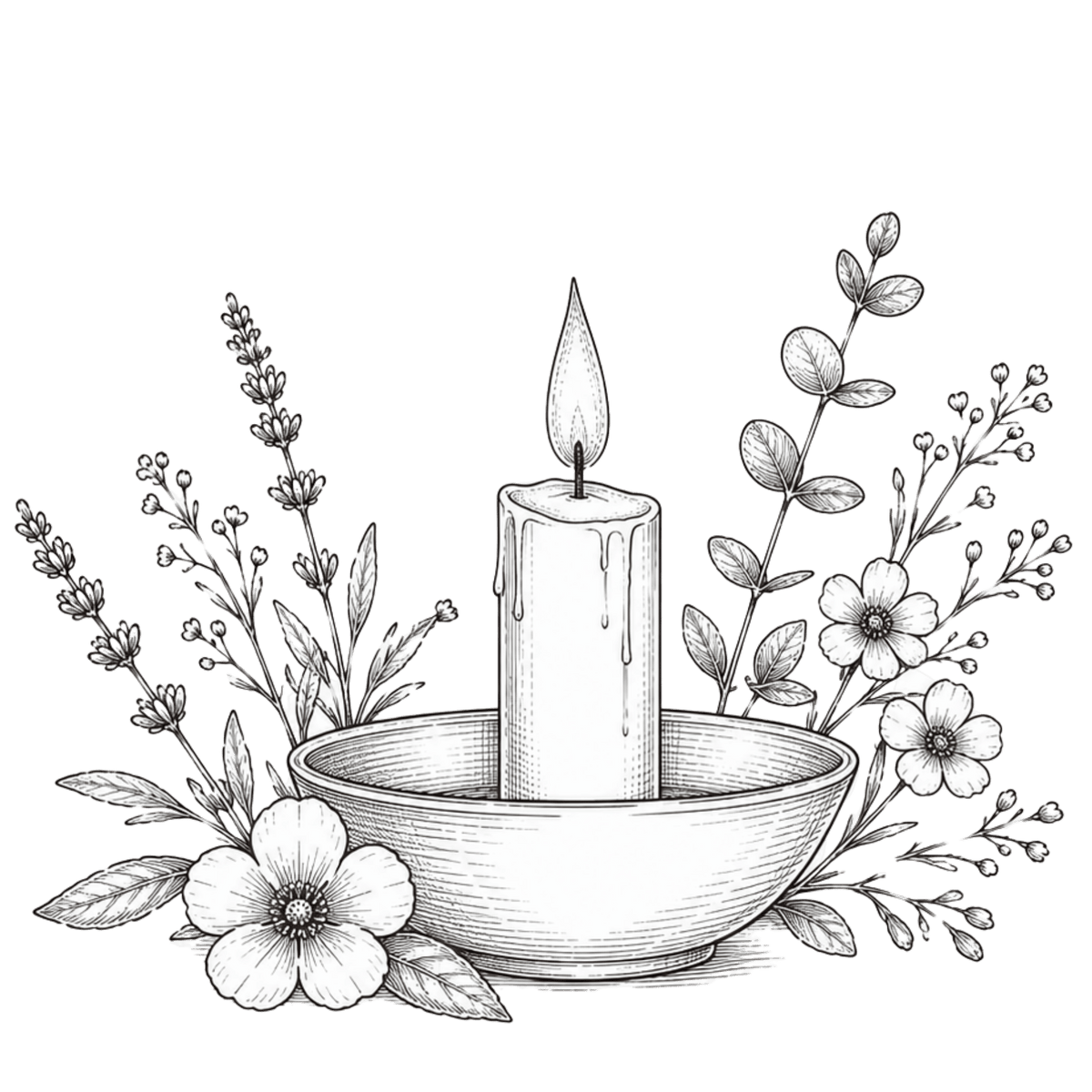 Black and white line art illustration of a lit candle in a shallow bowl, surrounded by delicate flowers and leaves on a plain white background.
