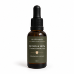 Amber dropper bottle with olive green label saying "Beard & Skin Conditioning Oil. Cedarwood + Vetiver" on a white background
