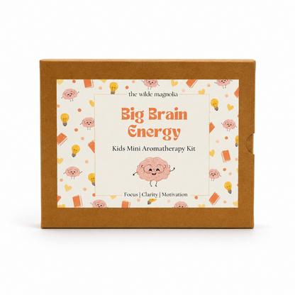 A rectangle kraft brown cardboard box for 'the wilde magnolia Big Brain Energy Kids Mini Aromatherapy Kit' with a colorful cartoon label on the front.