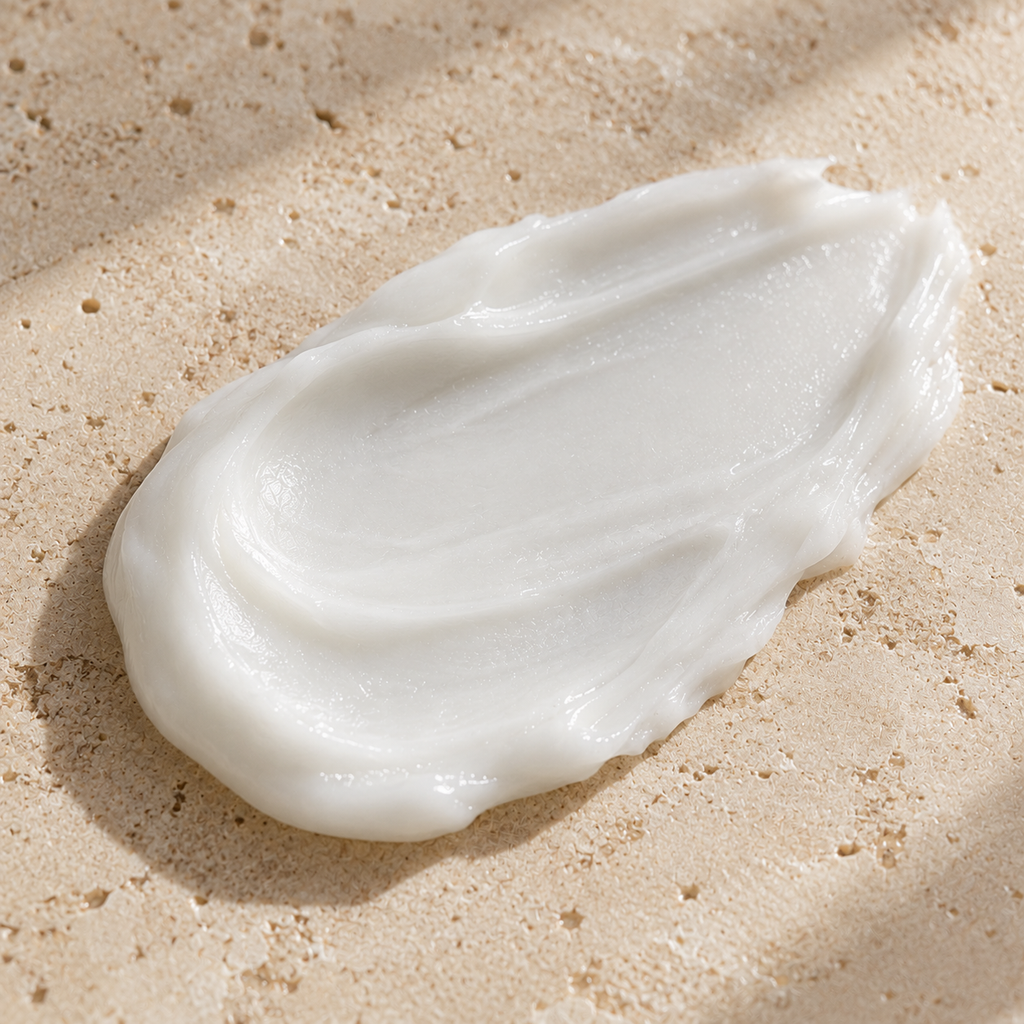 A glossy white smear of Beard Softener on travertine stone