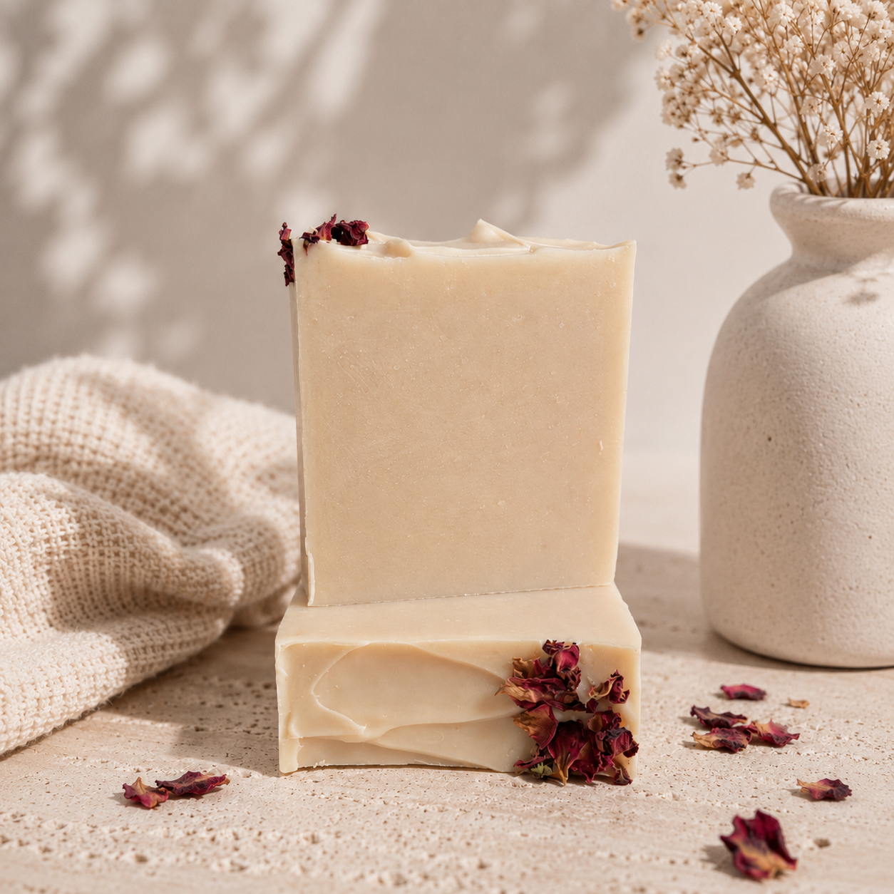 Two rectangular bars of creamy white-pink soap stacked on a textured surface, decorated with dried rose petals, with a beige woven cloth and a ceramic vase of dried flowers in the background.