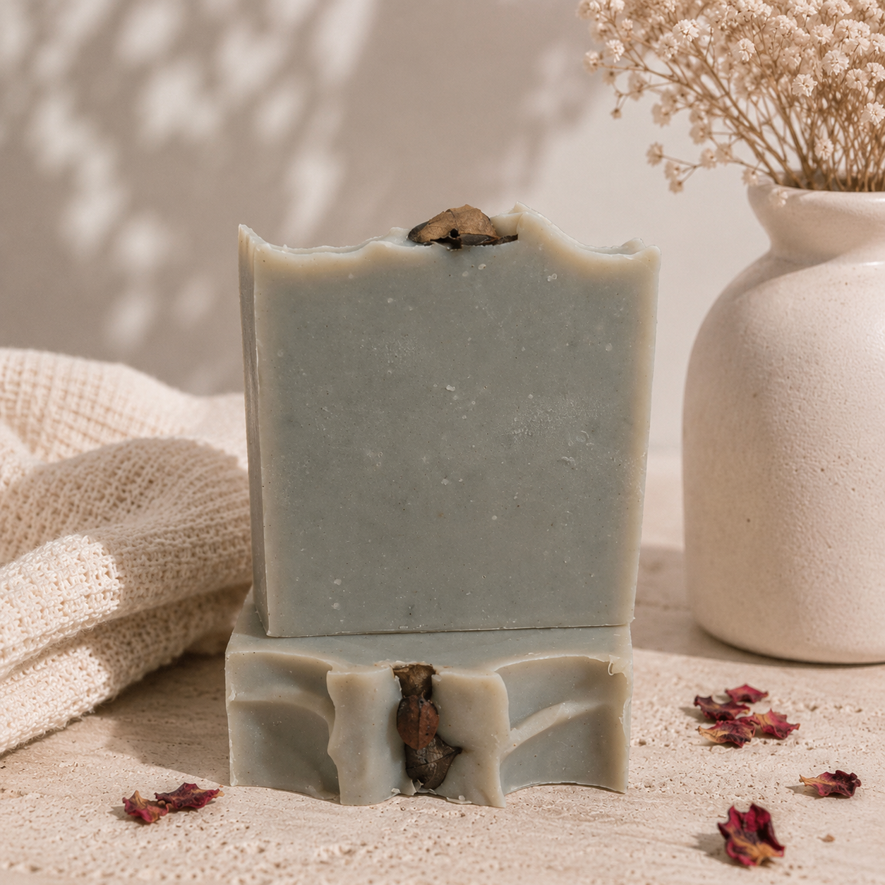 A handmade rectangular bar of soap in a muted sage green color, featuring a dried Eucalyptus leaf embedded in the top, displayed on a textured beige surface with a cream-colored ceramic vase with dried flowers, and a beige knit blanket in the background.