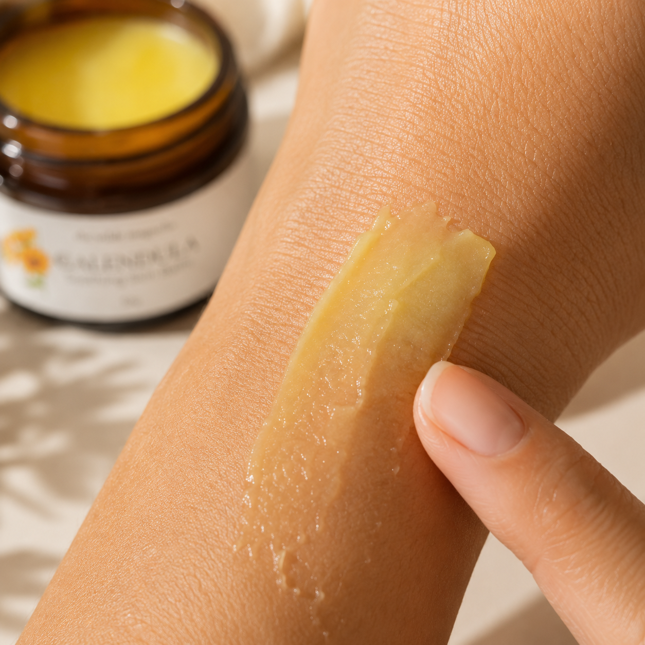 A close-up of a person's forearm with a thick smear of yellow Calendula skin balm, and a finger touching the edge of the balm as if they are about to rub it in. An amber glass jar labeled Calendula is blurred in the background.