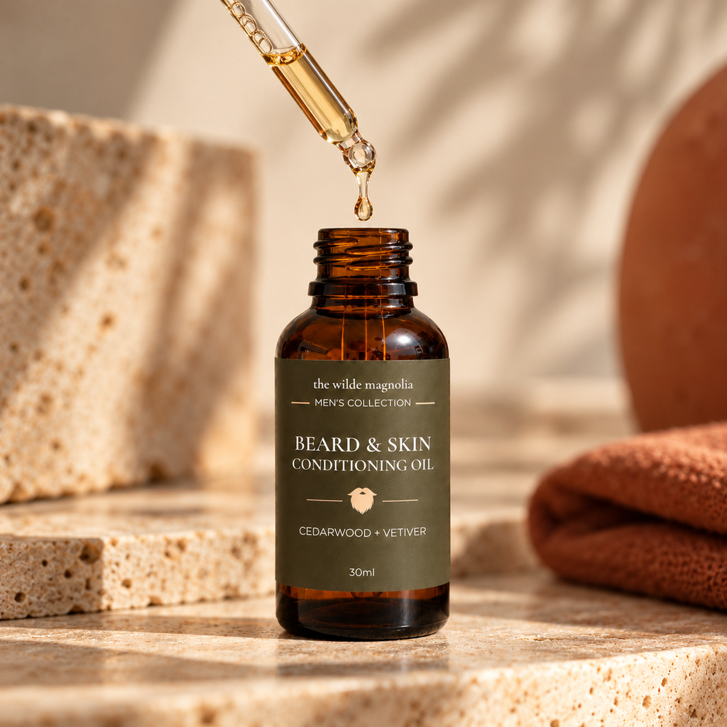 An amber bottle of Beard & Skin Conditioning Oil with the dropper held above the opening, dripping the light golden oil sitting on top of a stone benchtop