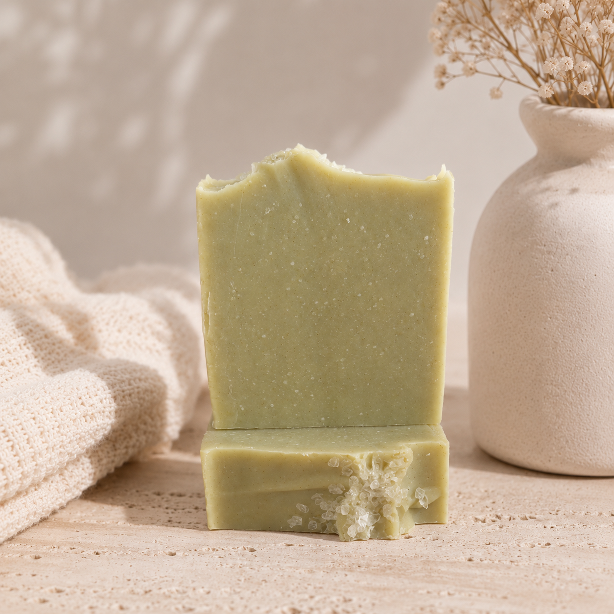 A handmade bar of light green soap with a rustic, broken top edge, standing upright on another bar of the same soap. The soap is styled on a light wooden surface next to a beige textured knit cloth and a small white ceramic vase with dried flowers.
