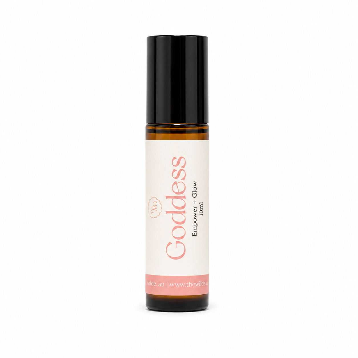 A 10ml amber glass rollerball bottle with a black cap and a cream-colored label. The label features the scent name 'Goddess' in a pink font, along with 'Empower + Glow'.