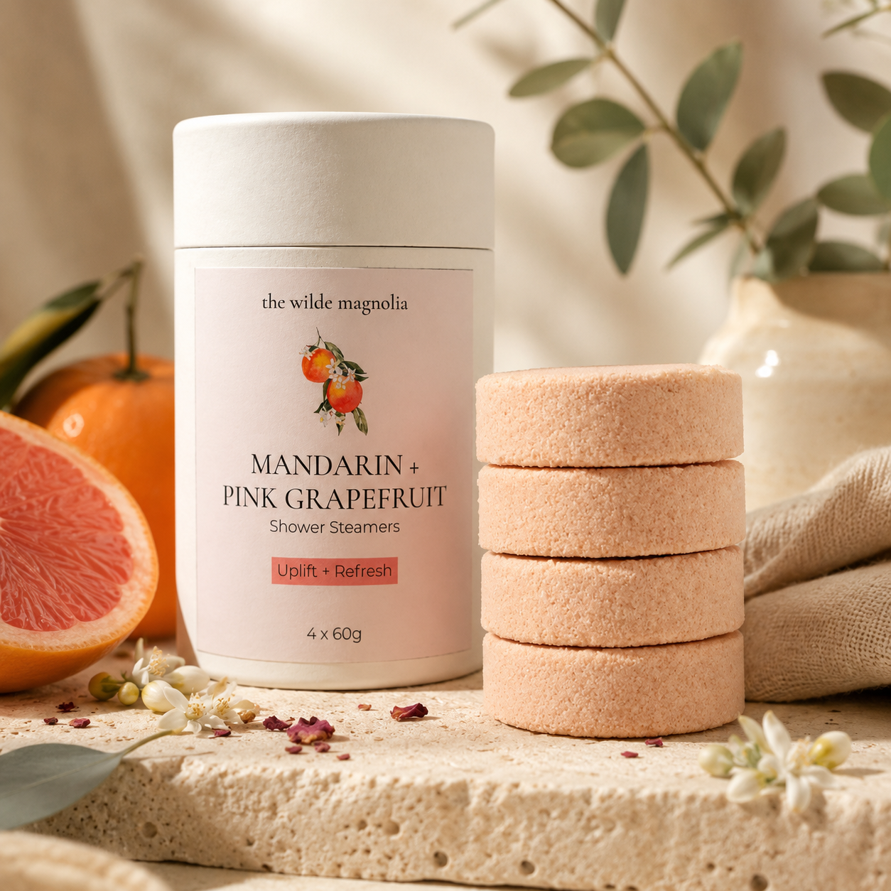 A white tub of shower steamers labeled 'the wilde magnolia MANDARIN + PINK GRAPEFRUIT' stands on a stone surface beside a stack of four pale orange round steamers, with grapefruit slices, flowers, and soft neutral props in a warm styled setting.