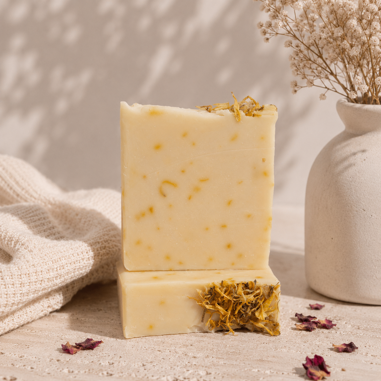 Two rectangular bars of pale yellow soap stacked on a light surface, with dried flower petals visible in the soap and around it. A cream knit cloth sits on the left, and a white ceramic vase with dried stems sits on the right.