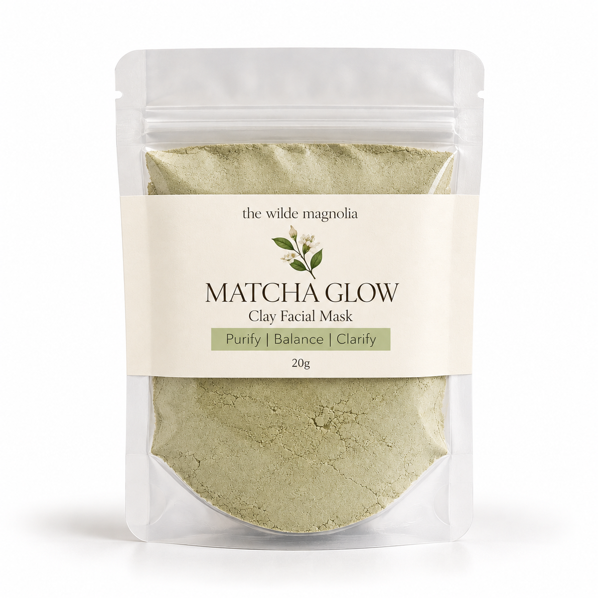 A clear puch full of Matcha glow green clay mask powder