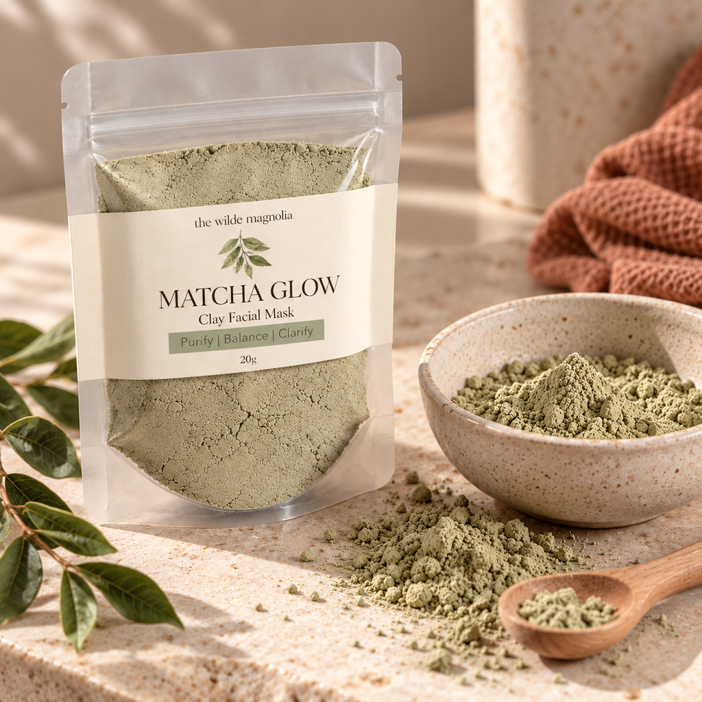 A pouch of Matcha Glow Clay Facial Mask next to a bowl full of the powdered mask and a spoon sitting next to it