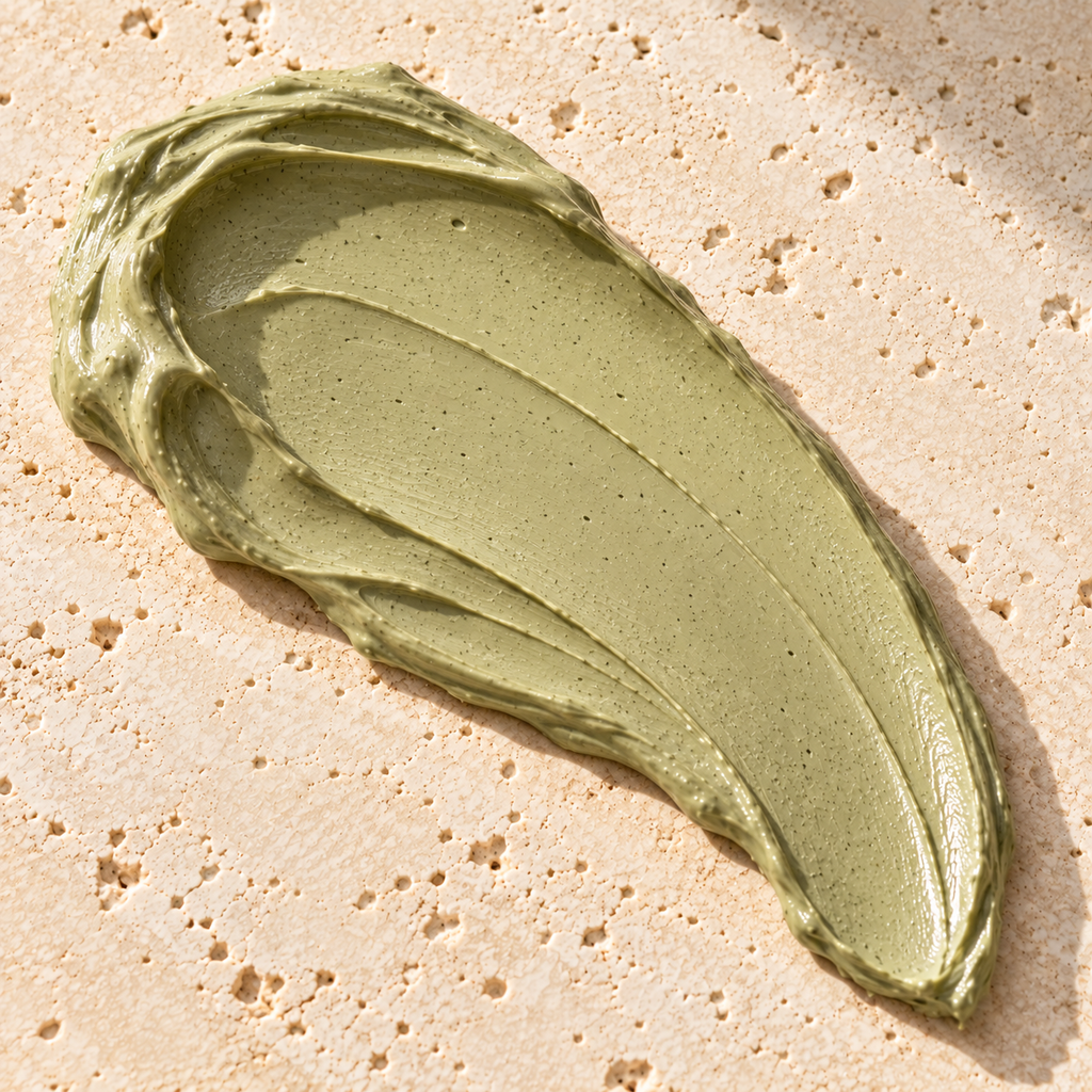 A creamy green smear of Matcha Glow clay mask on a stone background