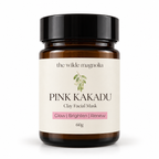An amber glass jar on white background that reads The Wilde Magnolia Pink Kakadu Clay Facial Mask. Glow, brighten, renew