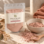 Pink Kakadu Clay Maks in a clear standup pouch with a bowl full of the clay powder and a spoon next to it