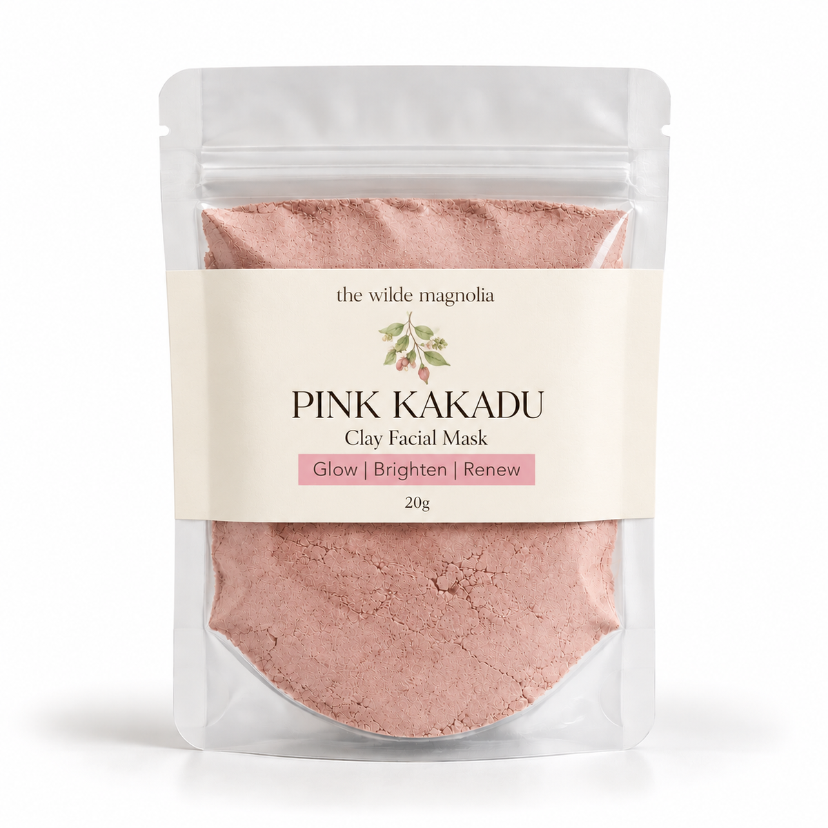 A clear pouch full of pink clay face mask on a white background