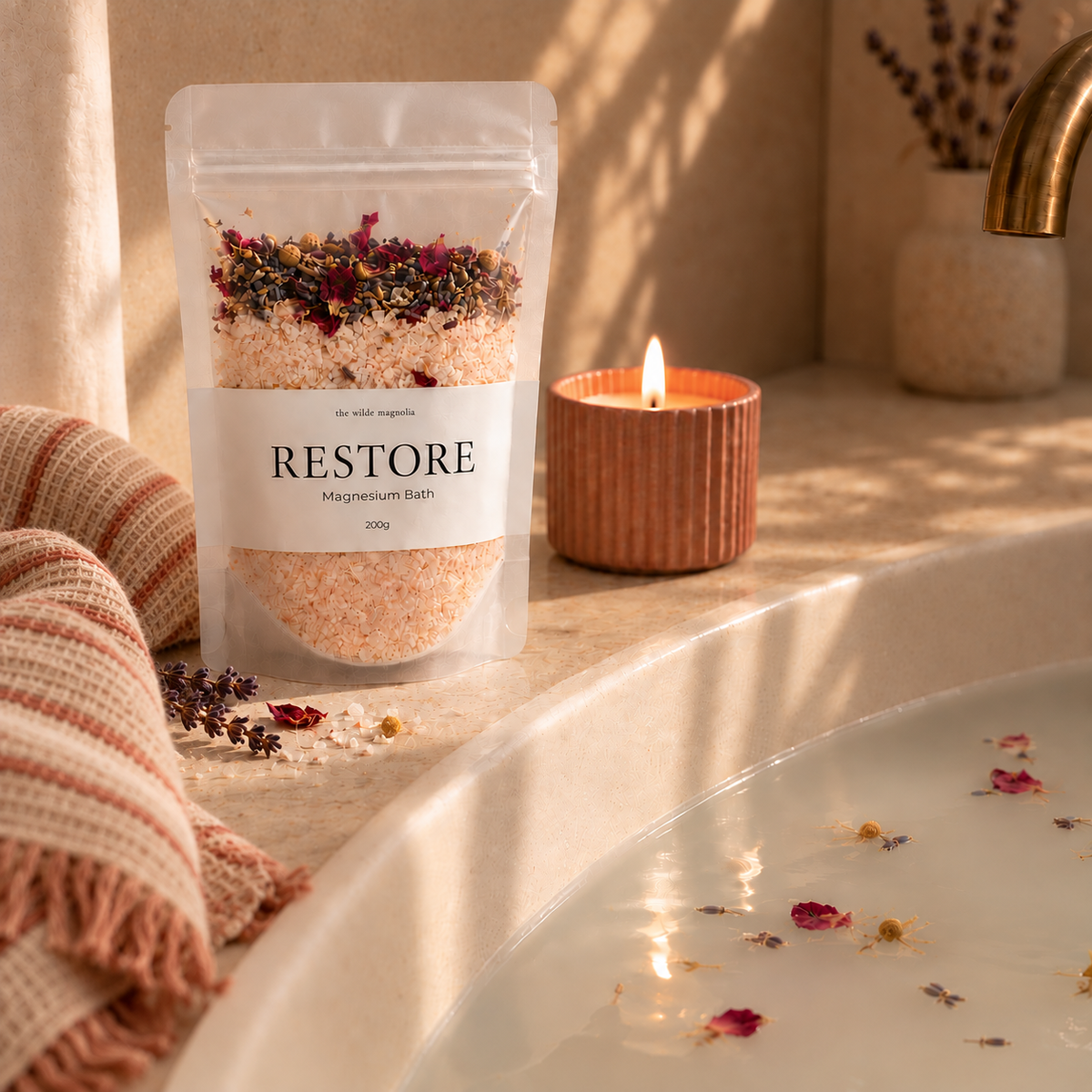Clear stand up page labelled Restore Magnesium Bath by The Wilde Magnolia sitting next to a bath filled with water and floating flowers, a lit candle and a towel