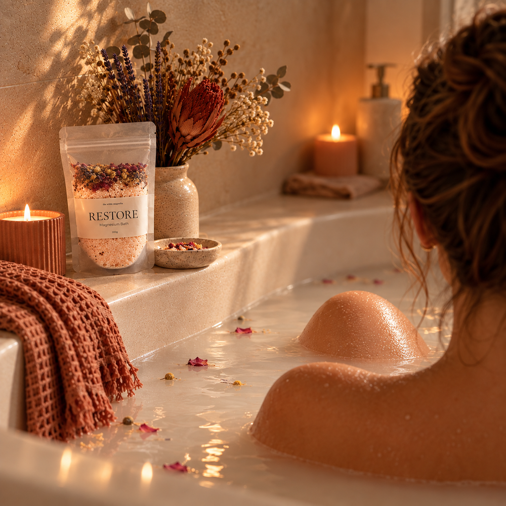 A person sitting in a warm, candle-lit bathtub with rose petals floating on the water, next to a bag of bath salts labeled 'RESTORE' by The Wilde Magnolia and dried flowers in a vase.