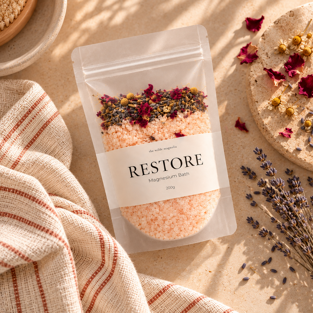 A clear stand-up pouch labeled 'RESTORE Magnesium Bath 200g' filled with pale pink bath salts and topped with dried flowers, styled on a beige surface with a striped linen cloth, dried lavender, and flower petals.