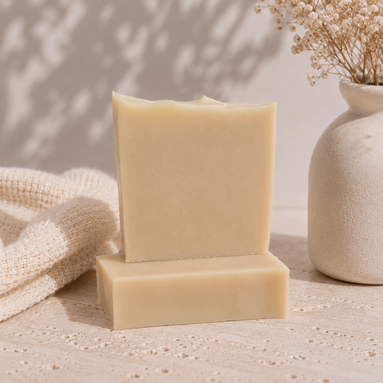 Two rectangular bars of creamy beige handmade soap stacked on a textured surface, styled with a cream knit cloth and a small vase of dried flowers in a warm, softly lit setting.