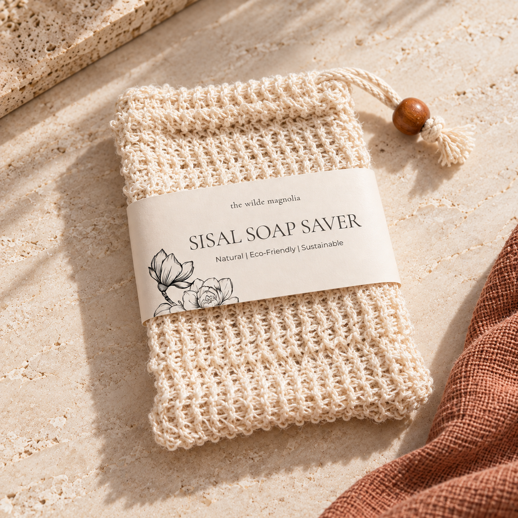 Soap Save bag made of natural Sisal fibre on a stone background with a terracotta coloured towel
