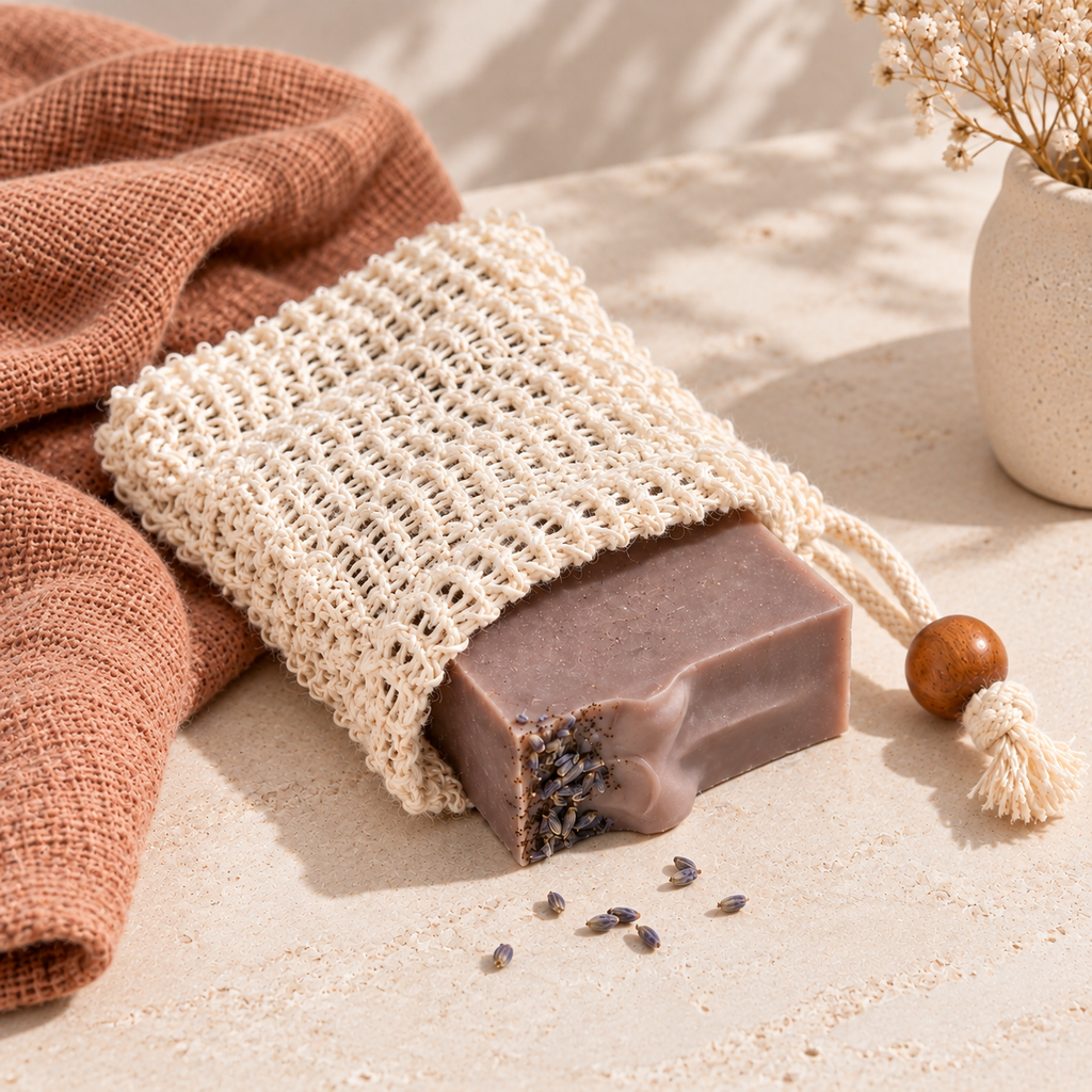 Purple soap in a sisal soap saver bag  on a stone background with a terracotta coloured towel