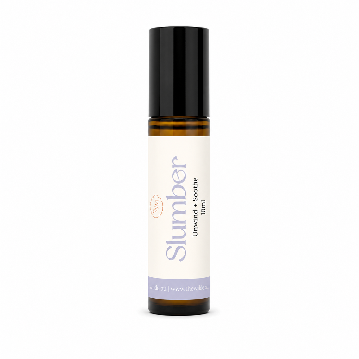A 10ml amber glass roller bottle of 'Slumber' Unwind + Soothe essential oil from 'the wilde magnolia' with a black cap and a cream-colored label, shown on a plain white background.