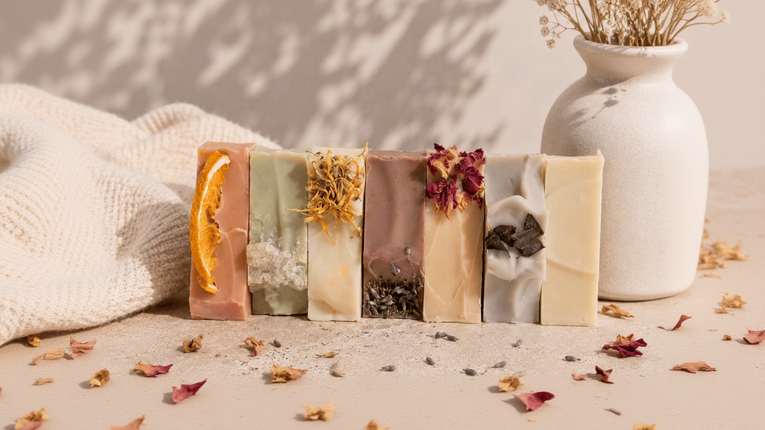 Six artisanal handmade soaps in different natural colors, each decorated with dried botanicals or ingredients, arranged in a row on a textured surface with a knitted blanket and a ceramic vase in the background.