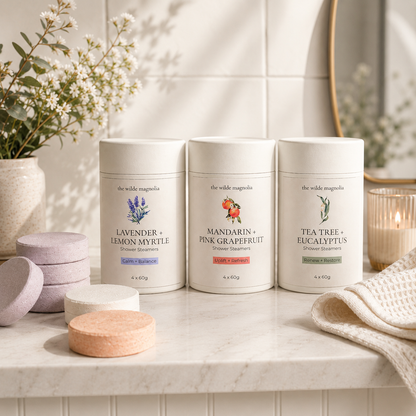 Three white cylindrical jars of shower  steamers from The Wild Magnolia are lined up on a marble countertop in a bright, tiled bathroom setting. The jars are labeled Lavender + Lemon Myrtle, Mandarin + Pink Grapefruit, and Tea Tree + Eucalyptus, with steamer pucks and a candle nearby.