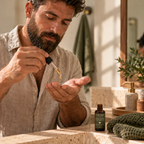 Manin a warmly lit bathroom with olive green accents dripping beard oil into his palm