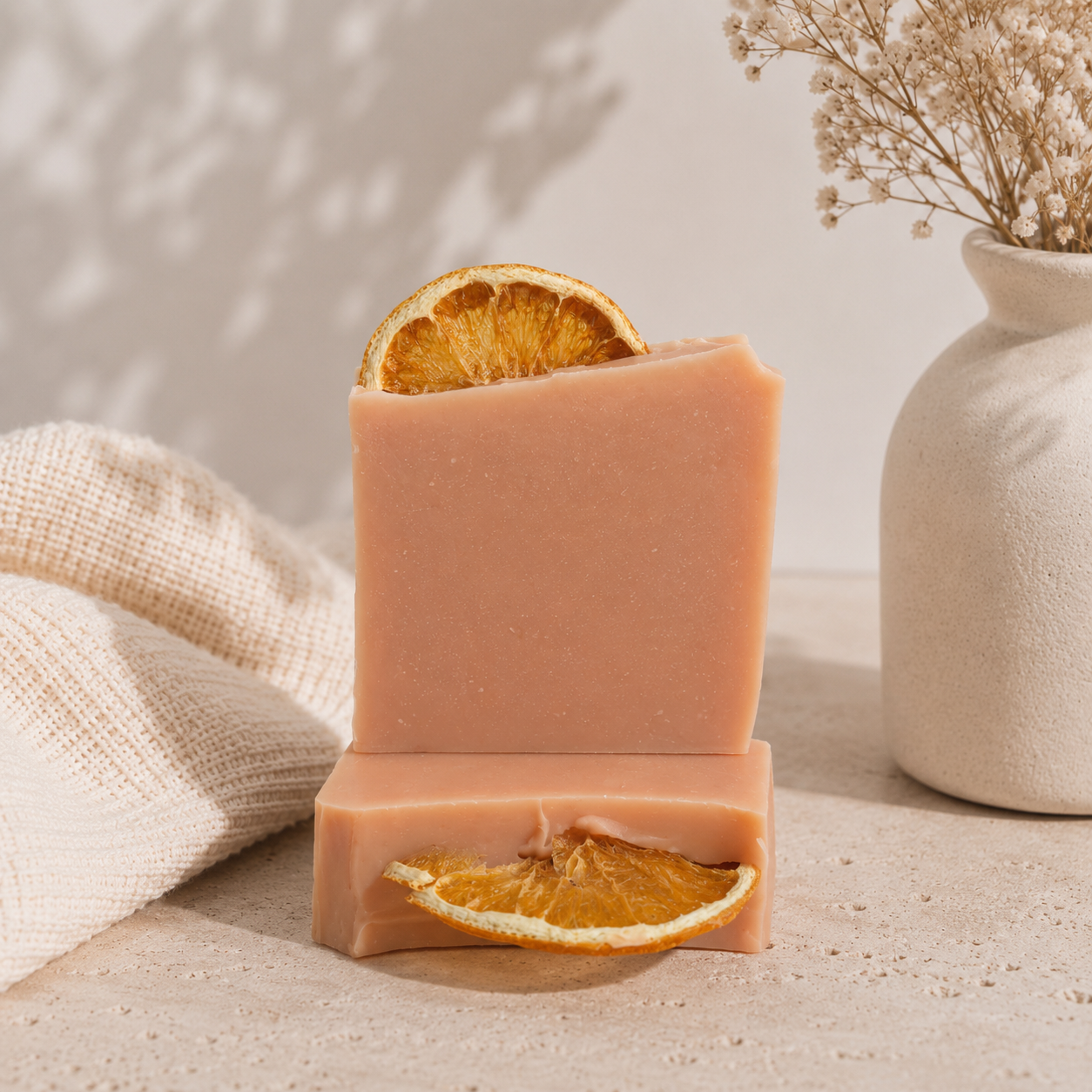 Two rectangular bars of pale pink soap stacked on a light stone surface, each topped with a dried orange slice. A cream woven cloth and a small white vase with dried flowers sit in the background.