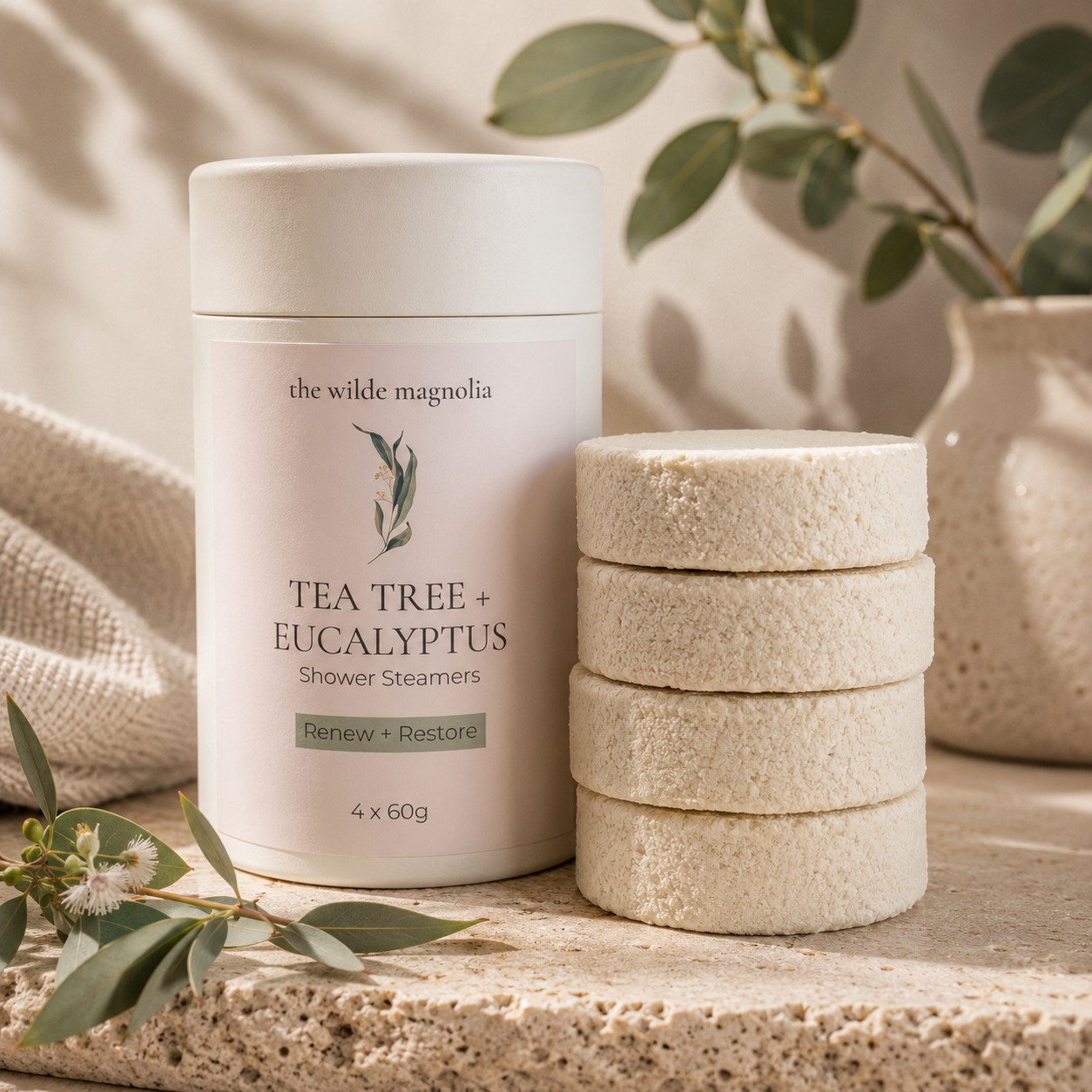 A white cylindrical tub of shower steamers labeled 'the wilde magnolia' and 'TEA TREE + EUCALYPTUS' stands beside a stack of four round beige steamers on a textured stone surface, with soft greenery and a ceramic vase in the background.