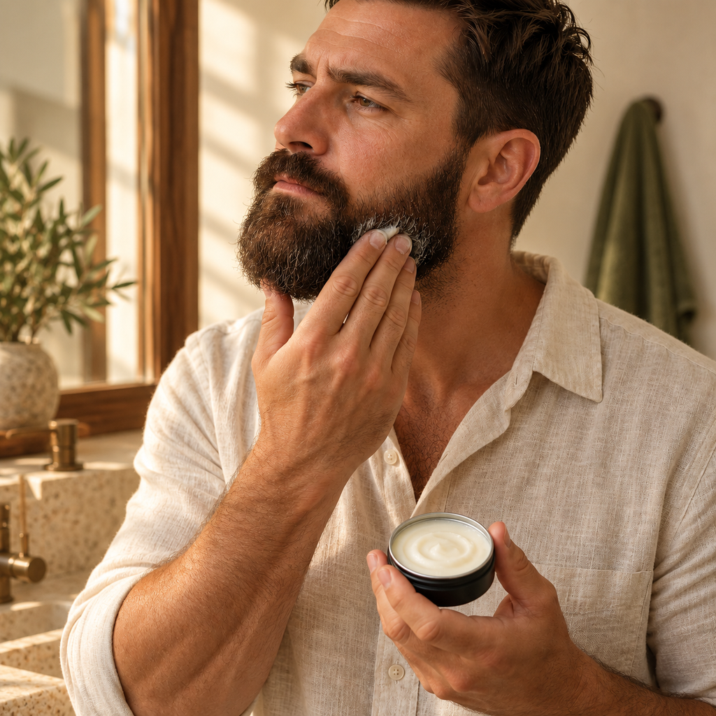 A man holding an open tin of beard softener by The Wilde Magnolia, applying some to his beard