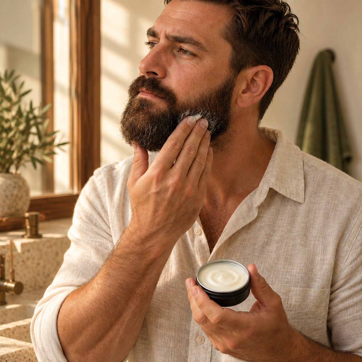 A man holding an open tin of beard softener by The Wilde Magnolia, applying some to his beard