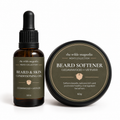 An amber bottle of Beard & Skin Conditioning Oil and a black tin of Beard Softener by The Wilde Magnolia on a white background