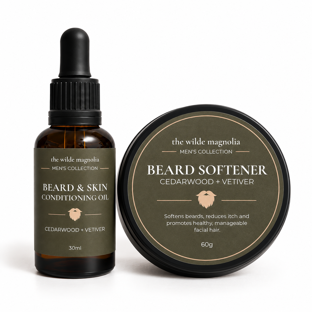 An amber bottle of Beard & Skin Conditioning Oil and a black tin of Beard Softener by The Wilde Magnolia on a white background